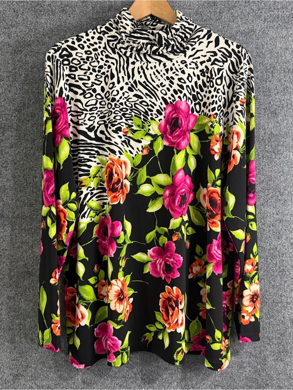 Susan Graver Womens XL Liquid Knit Animal Floral Mock Neck Long Sleeve Tunic Top
